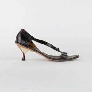 CYDWOQ Vintage Leather Kitten Heel Sandals